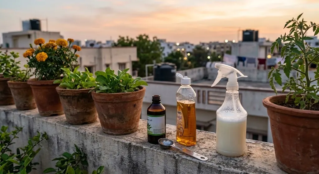 Neem oil soap mixed milky white emulsion spray bottle whitefly adult crawler treatment Indian container plants