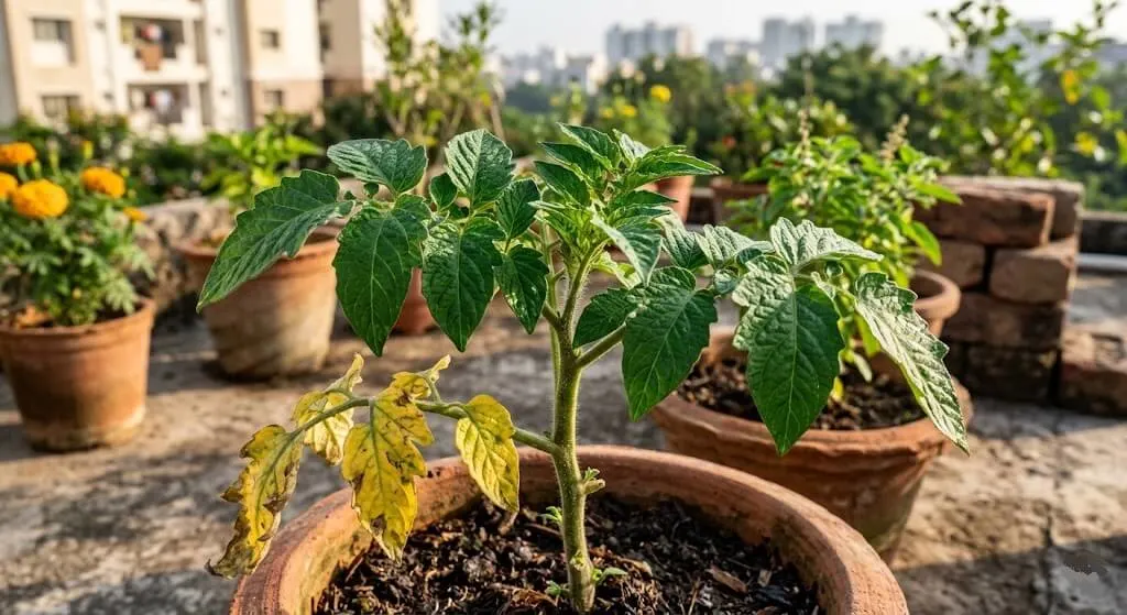 Container tomato plant growing tip showing new healthy leaves emerging after correct watering restored — recovery from overwatering or underwatering