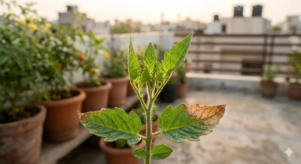 Fresh new tomato leaves unfurling at growing tip two weeks after heat stress cooling interventions