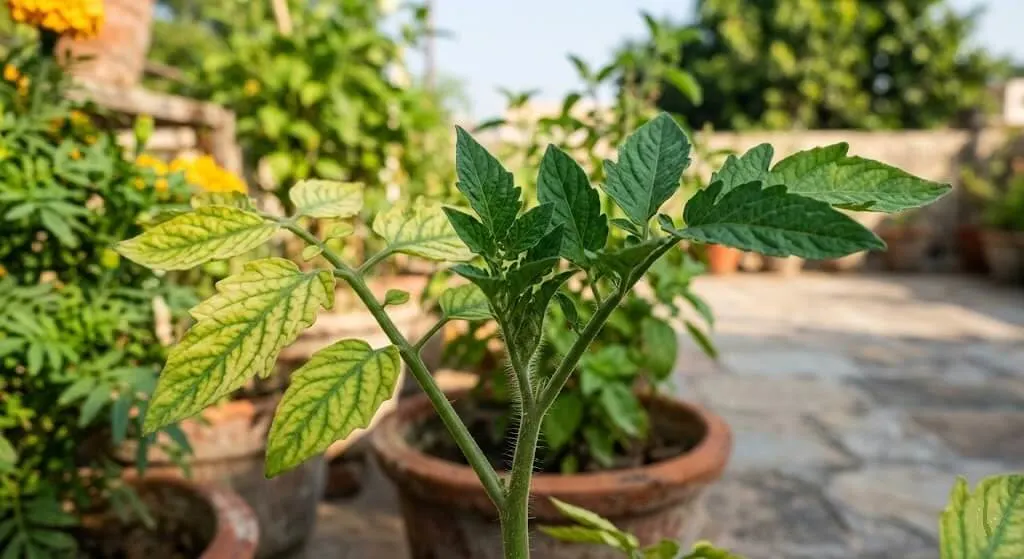 New dark green healthy tomato leaves at growing tip after summer pH correction and chelated iron treatment showing recovery