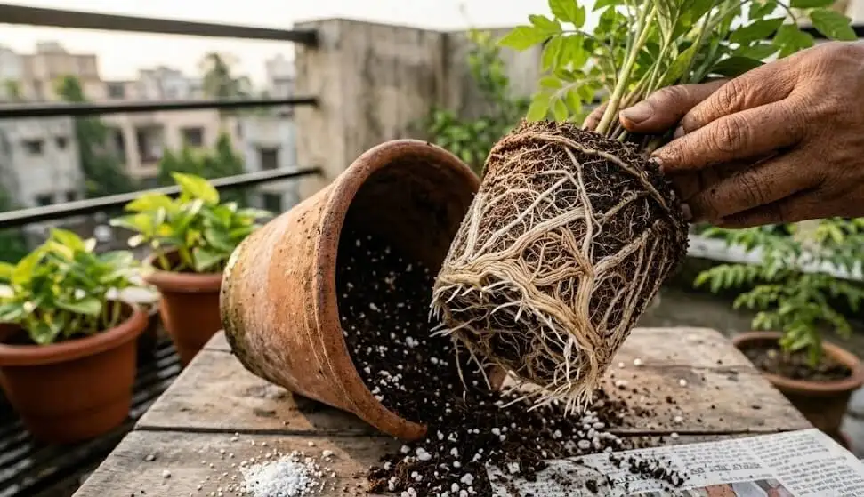 New healthy white root tips emerging in fresh coco peat perlite potting mix after root rot treatment