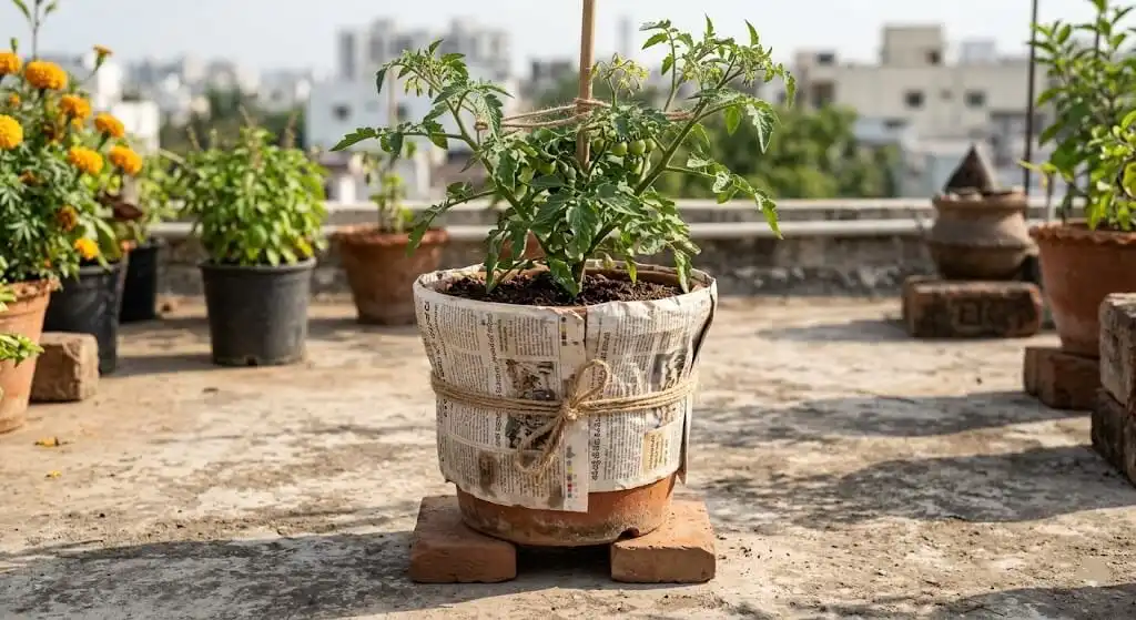 Terracotta tomato pot wrapped in 3 layers of newspaper secured with jute twine for heat insulation on Indian summer terrace