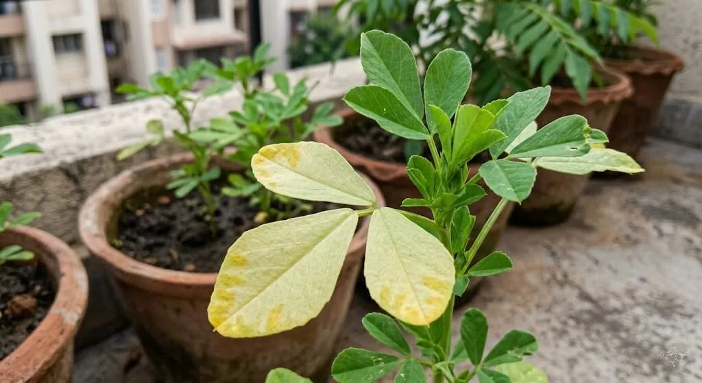 Nitrogen deficiency showing as uniform pale yellow on older bottom leaves of methi plant on Indian terrace