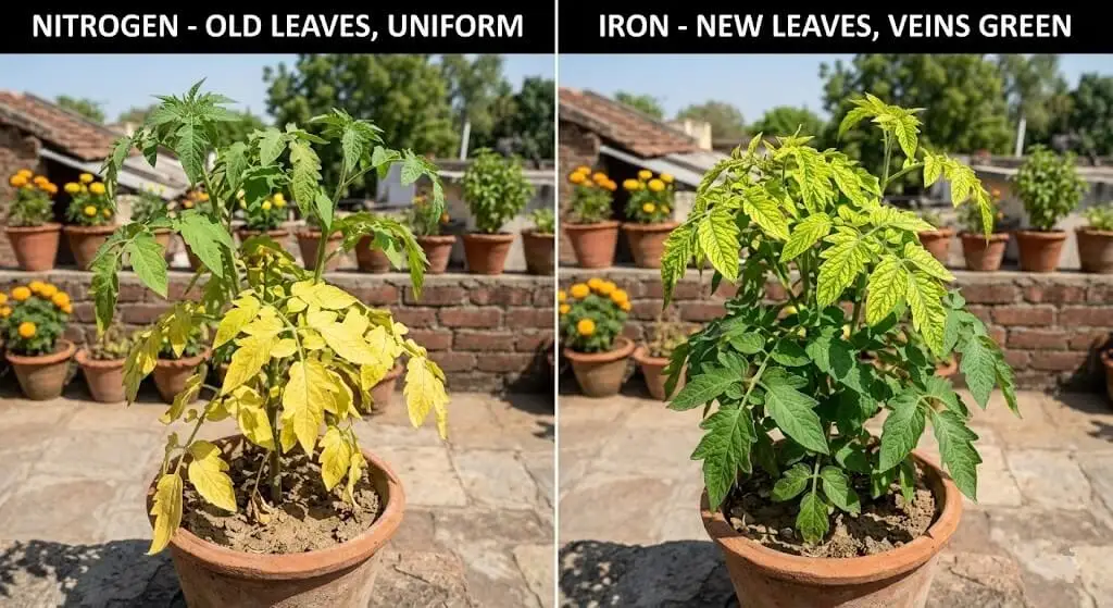 Side by side comparison of nitrogen deficiency old pale leaves versus iron deficiency new interveinal chlorosis leaves on Indian summer tomato plant