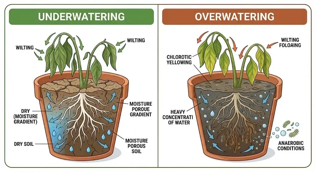 Scientific diagram comparing underwatering dry soil healthy roots versus overwatering anaerobic damaged roots in container plants