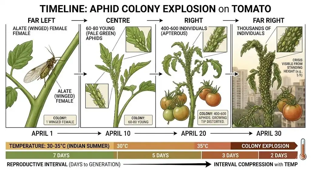 Scientific diagram showing aphid parthenogenesis colony growth from 1 female to 1000 individuals in 20 days at Indian summer 30 degrees