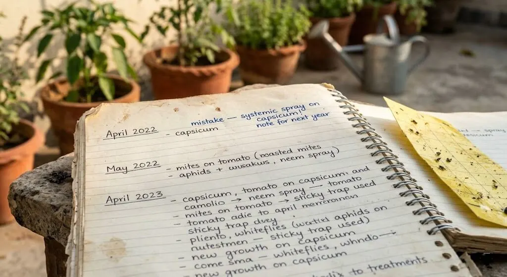 Handwritten gardening notebook showing pest infestation observations and treatments Madanapalle terrace 2022 to 2024