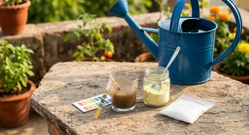 Soil pH correction setup for Indian summer — test strips showing alkaline reading, sulphur powder and citric acid on terrace table