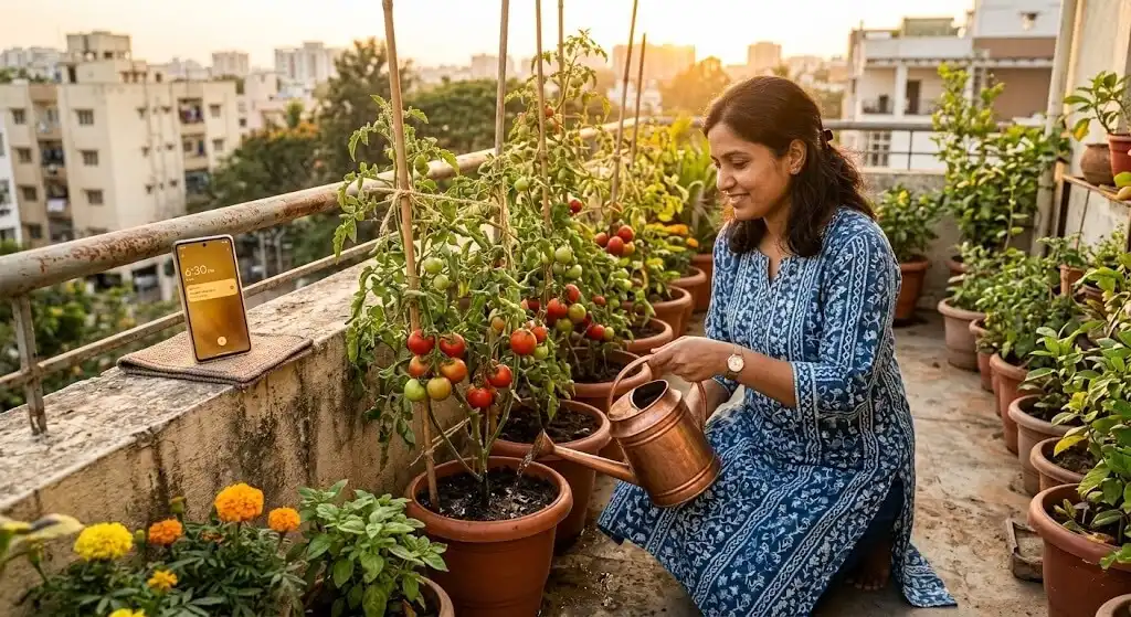 Indian gardener watering tomato container at 6:30 PM evening with phone alarm visible showing repeating daily alarm