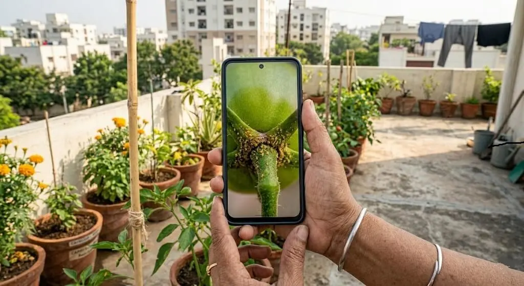 Phone macro camera photograph showing thrips feeding scabs and stippling on tomato fruit stem junction — cause of premature fruit drop