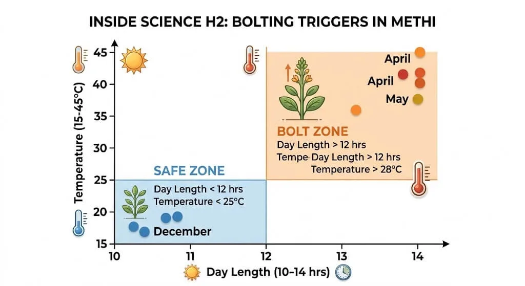 Scientific diagram photoperiodism bolting trigger day length temperature threshold methi coriander Indian summer