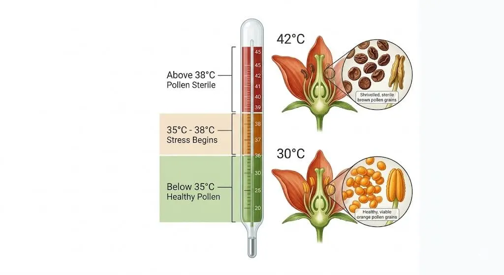 Infographic showing tomato pollen viability loss above 38 degrees Celsius — heat stress threshold diagram