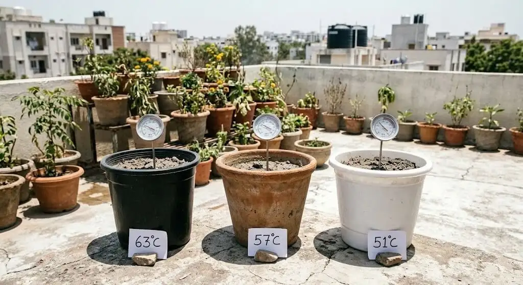 Temperature comparison between black plastic, terracotta, and white plastic pots in Indian summer sunlight