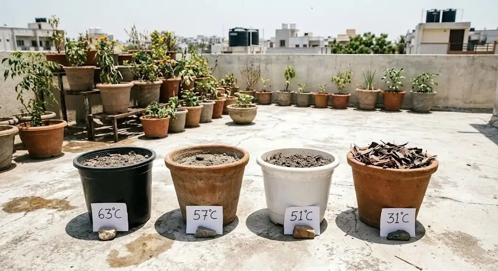 Side-by-side comparison of soil temperatures in black plastic, terracotta, white plastic, and mulched pots on Indian terrace