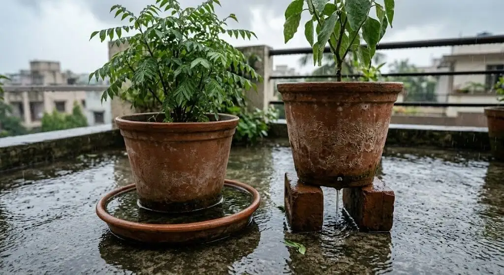 Two pots side by side showing saucer with standing water versus pot raised on bricks with free drainage during monsoon