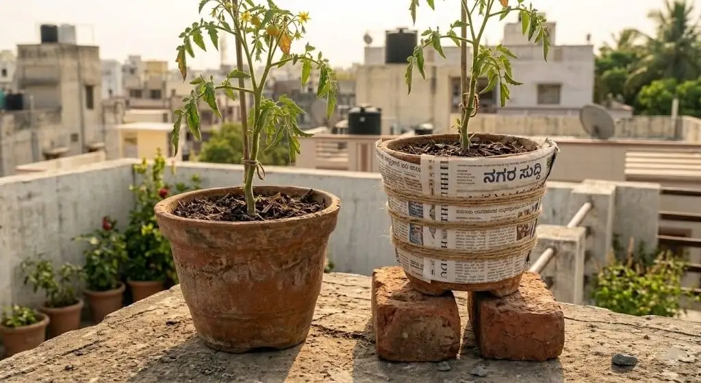 Container pots raised on clay bricks with newspaper insulation wrap on Indian concrete terrace
