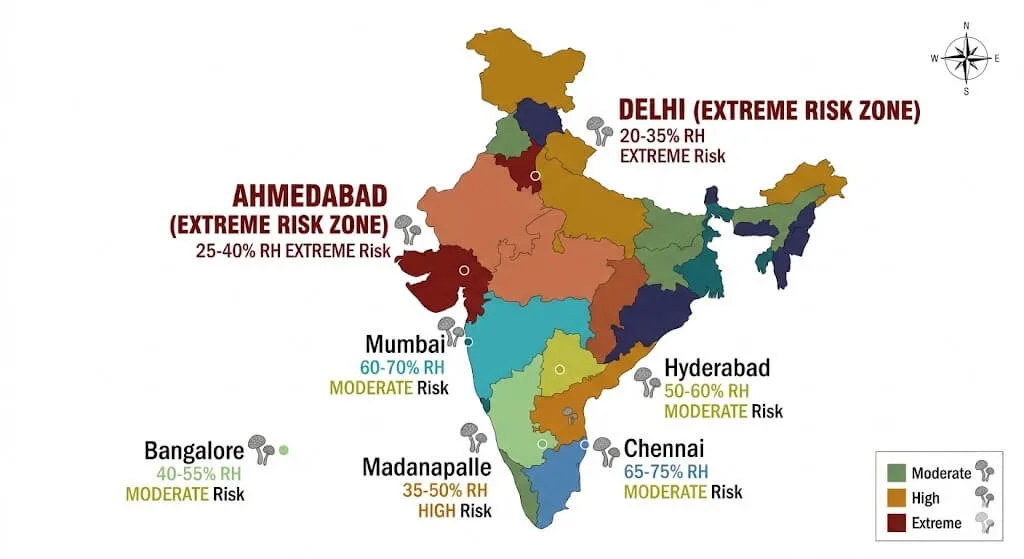 India map showing powdery mildew spore germination risk by city from Bangalore moderate to Delhi and Ahmedabad extreme based on April-May humidity