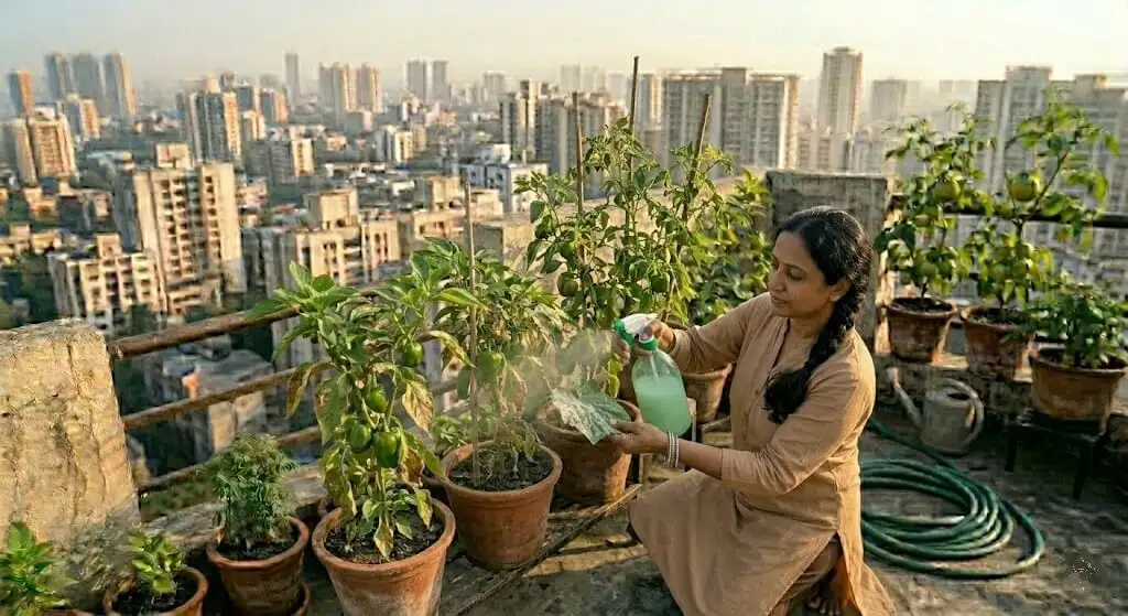 Indian gardener applying milk spray to capsicum and cucumber container plants in morning light as April preventive treatment before powdery mildew appears
