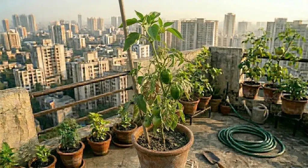 Container capsicum plant showing powdery mildew recovery — old leaves with brown-dried fungal patches alongside clean healthy new growth at growing tip