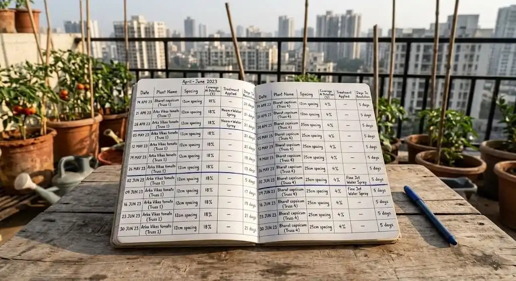 Gardening notebook showing powdery mildew spread data from Madanapalle 2023 comparing 12cm spacing 18 percent coverage versus 25cm spacing 4 percent coverage