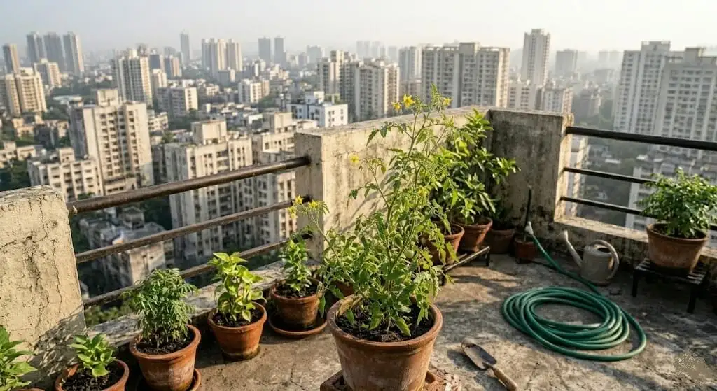 Container capsicum plants on twelfth floor Bangalore rooftop terrace with very few developing fruits despite healthy flowers — pollinator absence problem