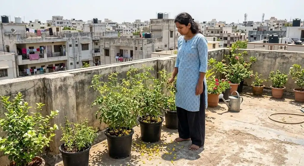 Indian woman looking at cherry tomato plants with dropped flowers on concrete terrace in summer afternoon
