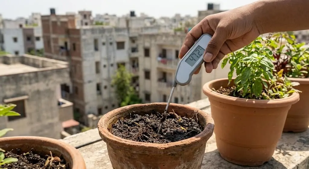 Digital probe thermometer showing 47 degrees inserted into container soil on Indian terrace