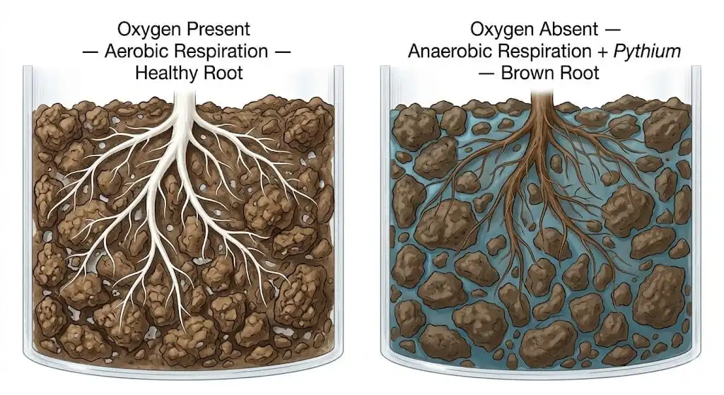 Scientific diagram showing oxygen depletion in waterlogged soil causing Pythium root rot in container plants
