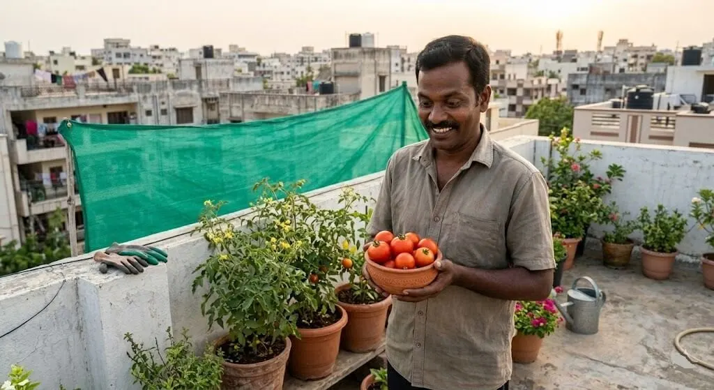 Indian man holding tomatoes harvested from Chennai west-facing balcony after shade cloth and heat management