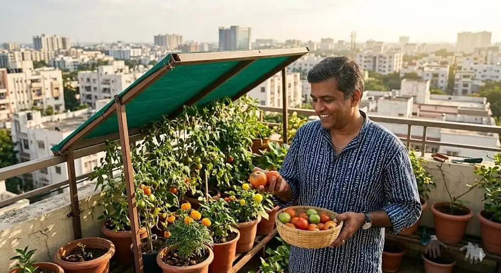 Indian man on Chennai west-facing apartment balcony with shade cloth frame installed over tomato containers showing first successful fruit harvest