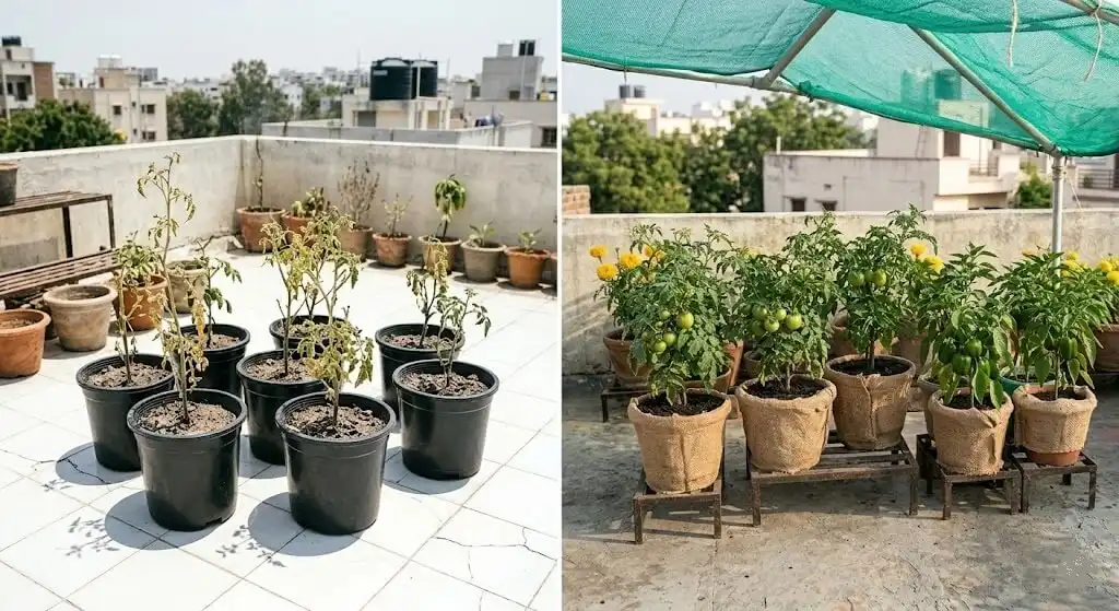 Before and after: tomato plants recovering from root heat stress on Chennai terrace — from 67°C soil and no fruit to 4kg harvest