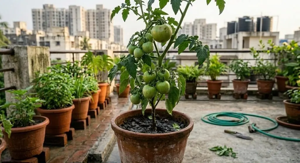 Container tomato plant showing healthy retained fruits developing well after fruit drop cause identified and fixed on Indian terrace