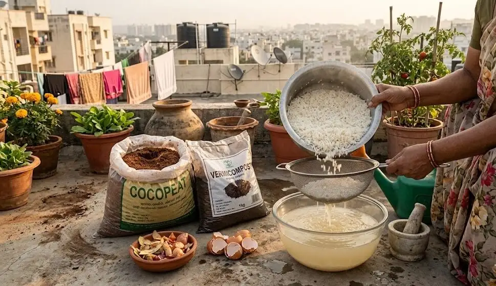 Free rice water being collected from Indian kitchen for potting mix integrity treatment alongside cocopeat vermicompost for root-bound prevention