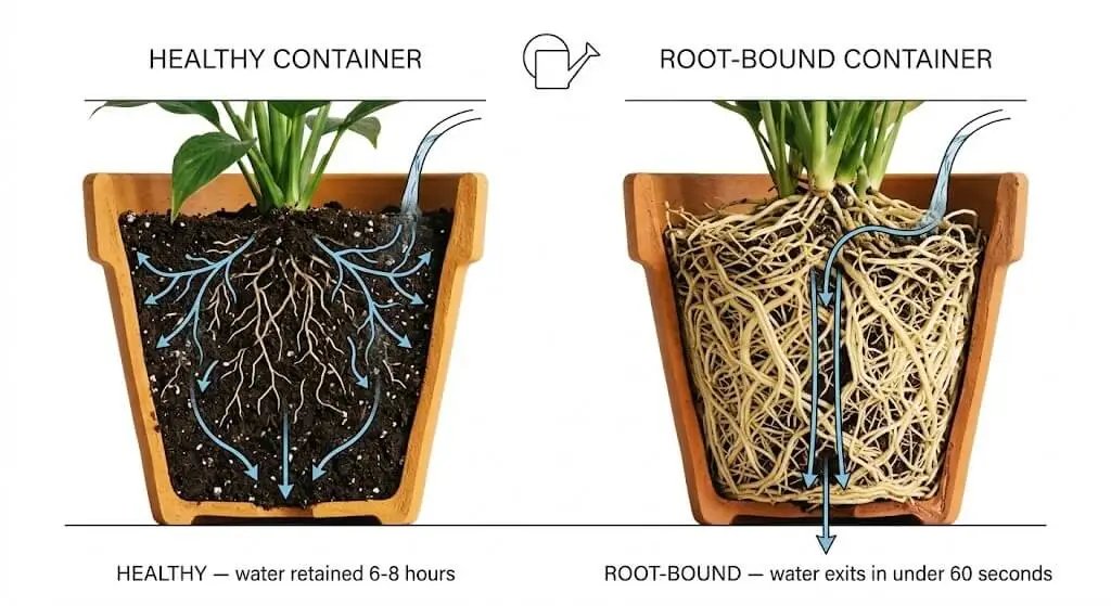 Scientific diagram showing root-bound hydraulic failure where water channels through dense root mat to drainage hole instead of being absorbed