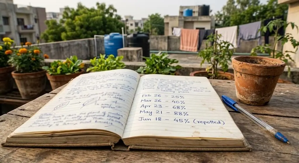 Gardening notebook showing monthly root ball coverage measurements Madanapalle 2023 from 25 percent February to 88 percent May