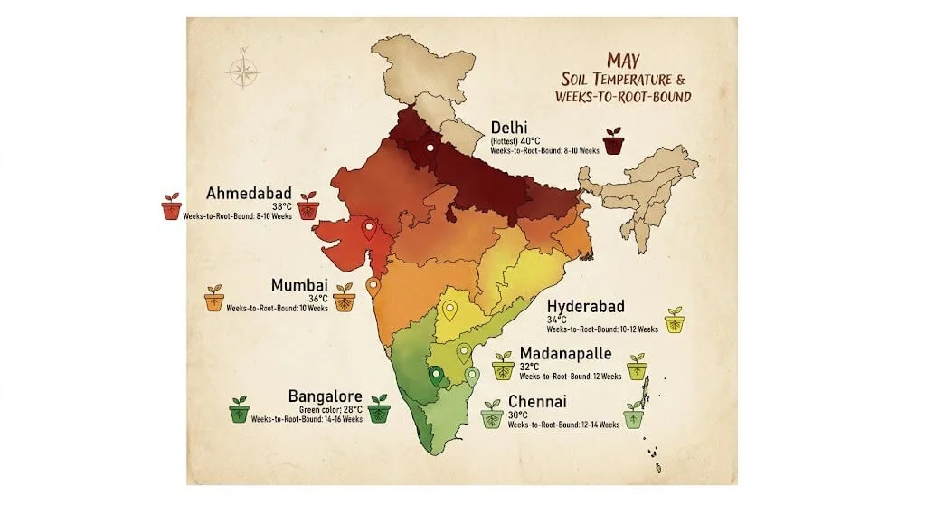 India map showing weeks to root-bound by city from Bangalore 14-16 weeks to Delhi Ahmedabad 8-10 weeks based on May soil temperature