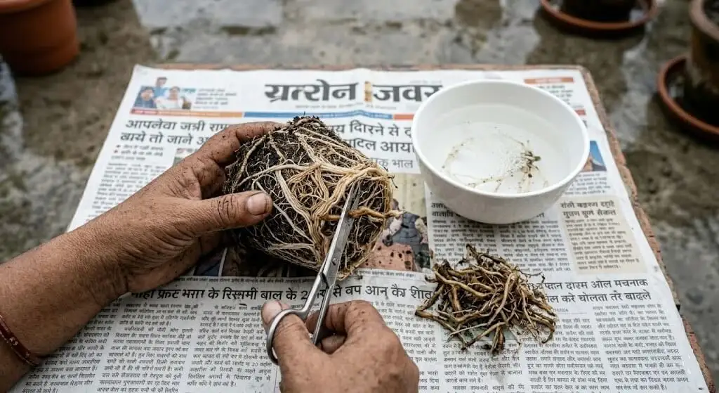 Root rot treatment setup showing brown roots being pruned with scissors beside hydrogen peroxide solution bowl