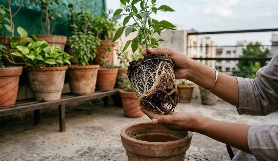 Comparison of healthy white roots versus brown mushy root rot in container plant removed from pot on Indian terrace