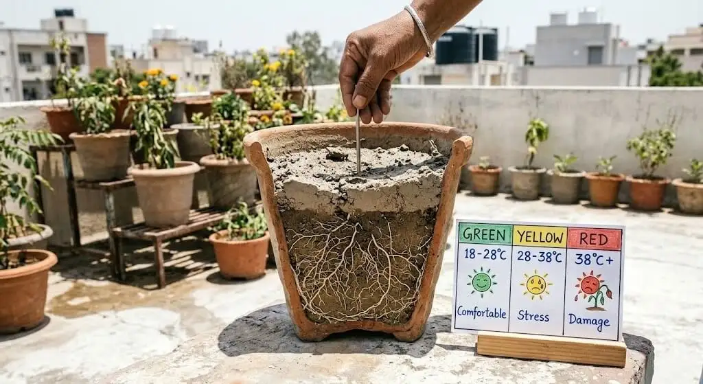 Root zone temperature danger zones for container plants — comfortable below 28°C, stress above 35°C, damage above 45°C