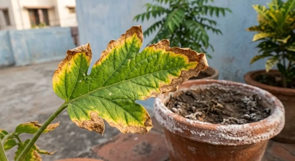 Fertilizer salt burn showing yellow edges and brown crispy tips on container plant leaf with white salt crust on pot rim