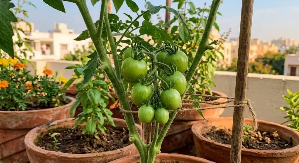 Second tomato fruit cluster developing cleanly with no dark blossom end patches after corrections applied Indian terrace