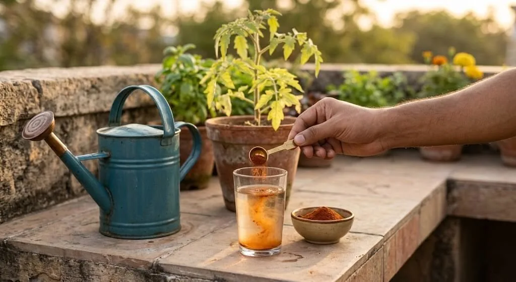 Chelated iron EDDHA powder being measured into water for evening soil drench on Indian container garden in summer