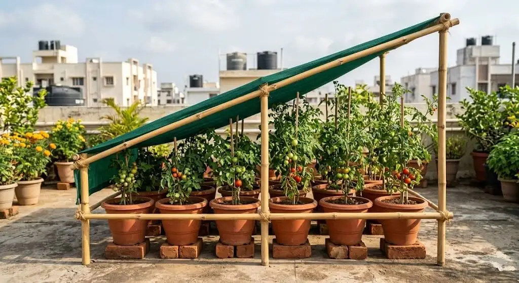 50 percent shade cloth installed on angled bamboo frame over tomato container pots on Indian apartment terrace — correct installation method