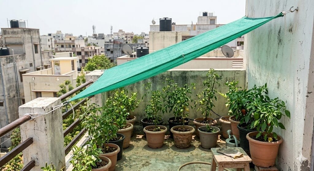 Green 50 percent shade cloth installed at angle over tomato and capsicum plants on Indian apartment