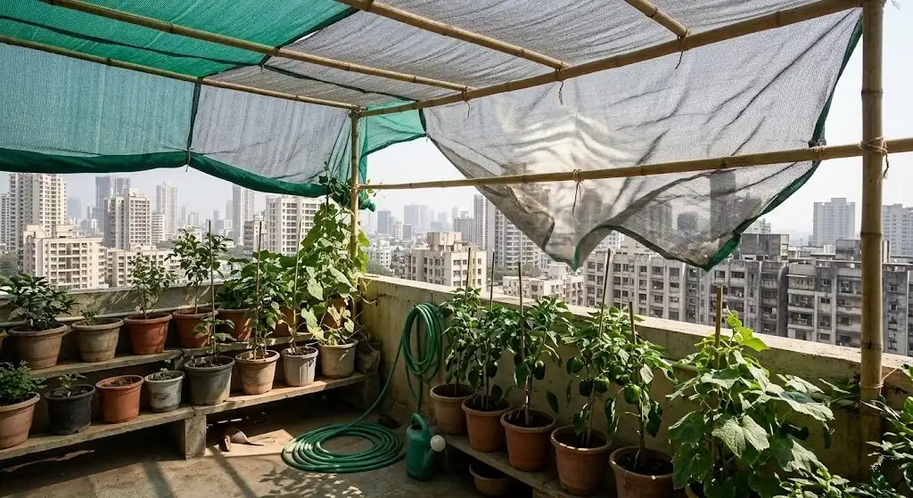 Indian apartment terrace shade cloth partially raised on one side to create ventilation window during afternoon to disperse powdery mildew spores