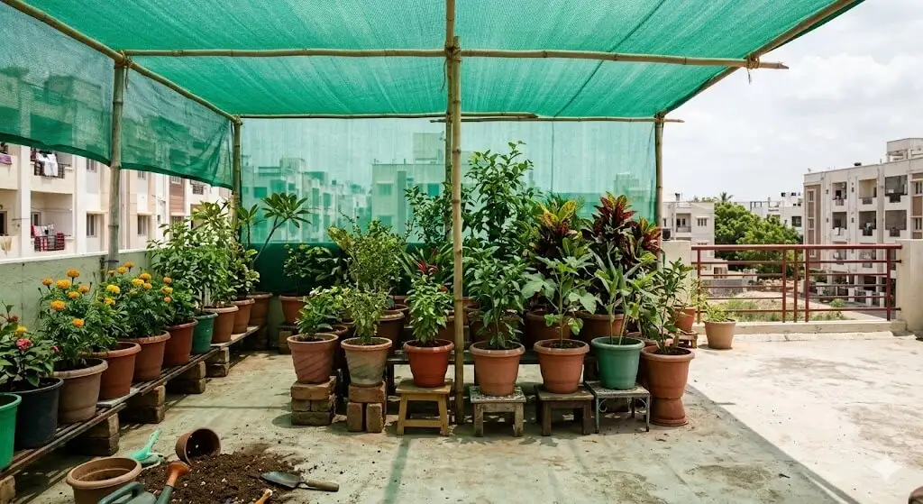 50% shade net with elevated pot stands protecting container plants from heat scorch on Indian terrace in summer