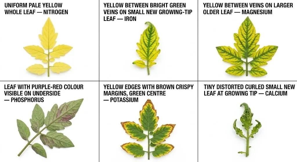 Six panel visual guide showing different nutrient deficiency leaf patterns for Indian summer container gardeners