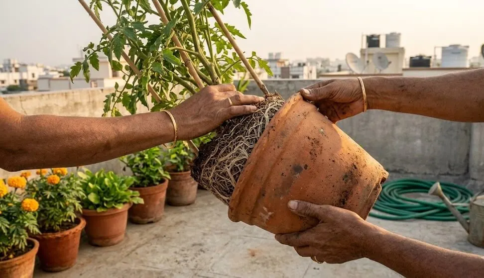 Indian gardener performing 30-second slide-out root inspection extracting plant from terracotta container to check root coverage percentage