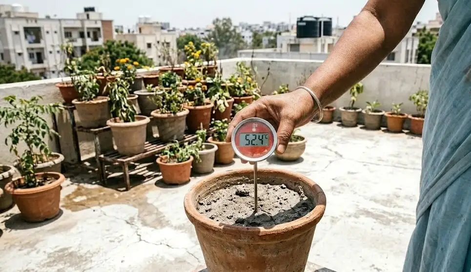 Pushing soil thermometer probe into container pot to measure root zone temperature on Indian terrace