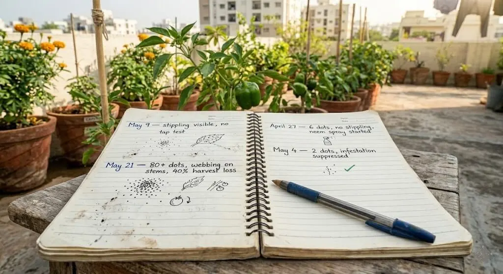 Gardening notebook showing spider mite tap test data from May 2022 late detection versus April 2023 early detection Madanapalle terrace